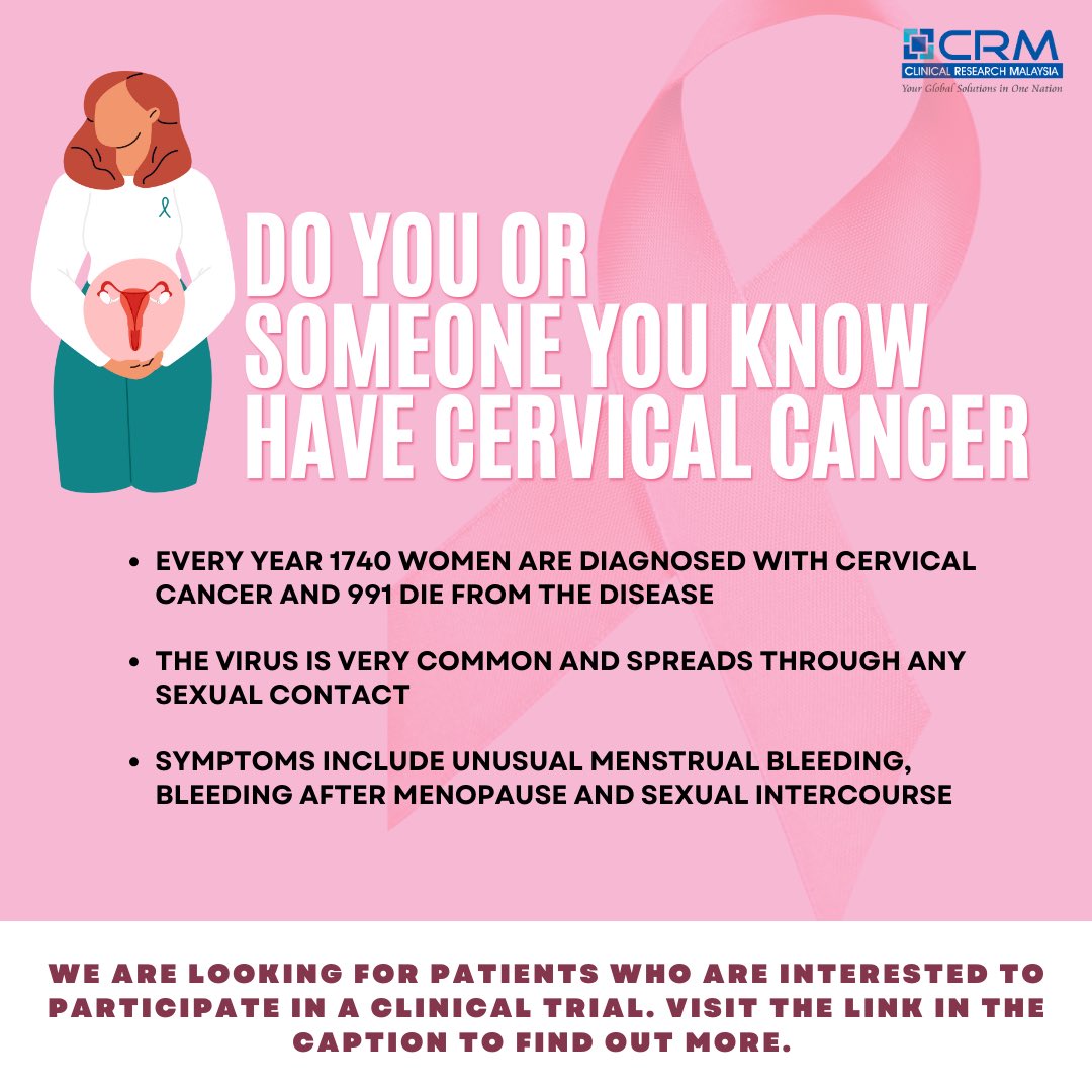 We are looking for patients with Cervical Cancer condition. Visit the link below if you are interested to partake in our clinical trial!

clinicalresearch.my/condition/cerv…

#findaclinicaltrial #clinicalresearchmy #cervicalcancer