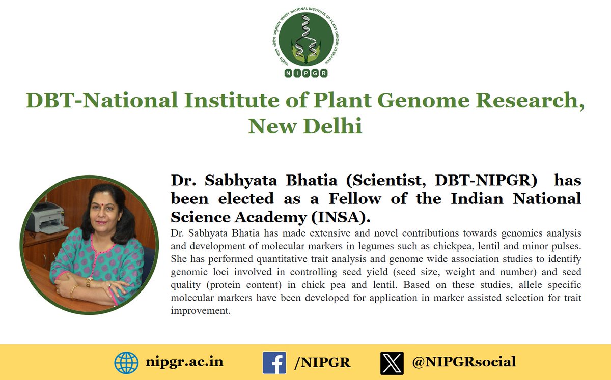 NIPGRsocial's tweet photo. #Congratulations 
Dr. Sabhyata Bhatia (Scientist, DBT-NIPGR) has been elected as a Fellow of the Indian National Science Academy (INSA).

@DBTIndia @rajesh_gokhale 
@apslab_nipgr @SciComm_India 
@PIBDST  @PIB_India https://t.co/AFuIyUnOIy