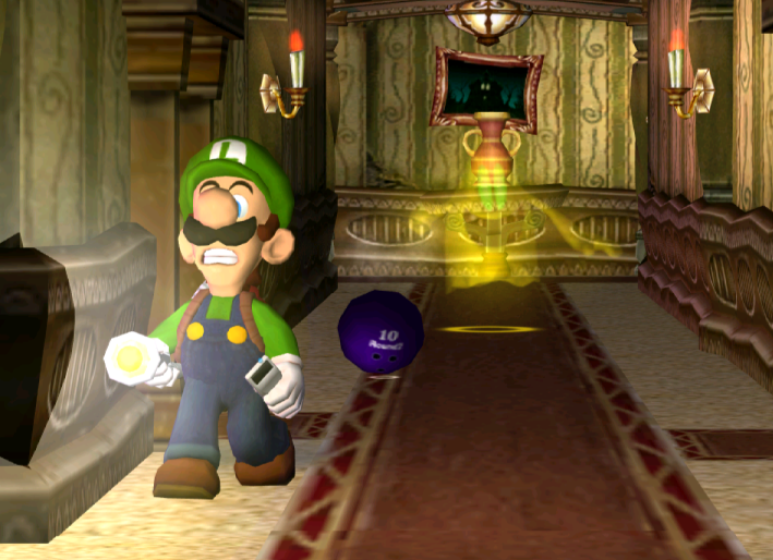 VGTextures's tweet image. The ball the ghost in this hallway throws is a bowling ball and appears to say "10 Aound2" Though is likely meant to spell 10 Pounds

(Luigis Mansion GCN)