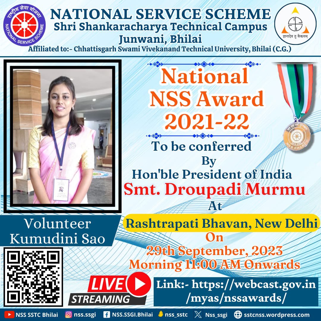 Jai Hind 🇮🇳 National NSS Awards 2021-22 to be conferred by Hon'ble President of India Smt. Droupadi Murmu ji on 29th September, 2023 at Rashtrapati Bhavan, New Delhi. @_NSSIndia @YASMinistry @NSSRDBhopal @NssChhattisgarh @nsscsvtuCG @ianuragthakur @ashokshrotinss