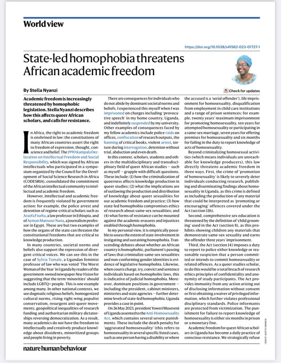 “State-led Homophobia Threatens Academic Freedom in Africa” - my view is out in <a href="/NatureHumBehav/">Nature Human Behaviour</a> . While Uganda criminalised production and distribution of knowledge about homosexuality (20-year prison sentences), Queer African scholars continue publishing in defiant resistance!