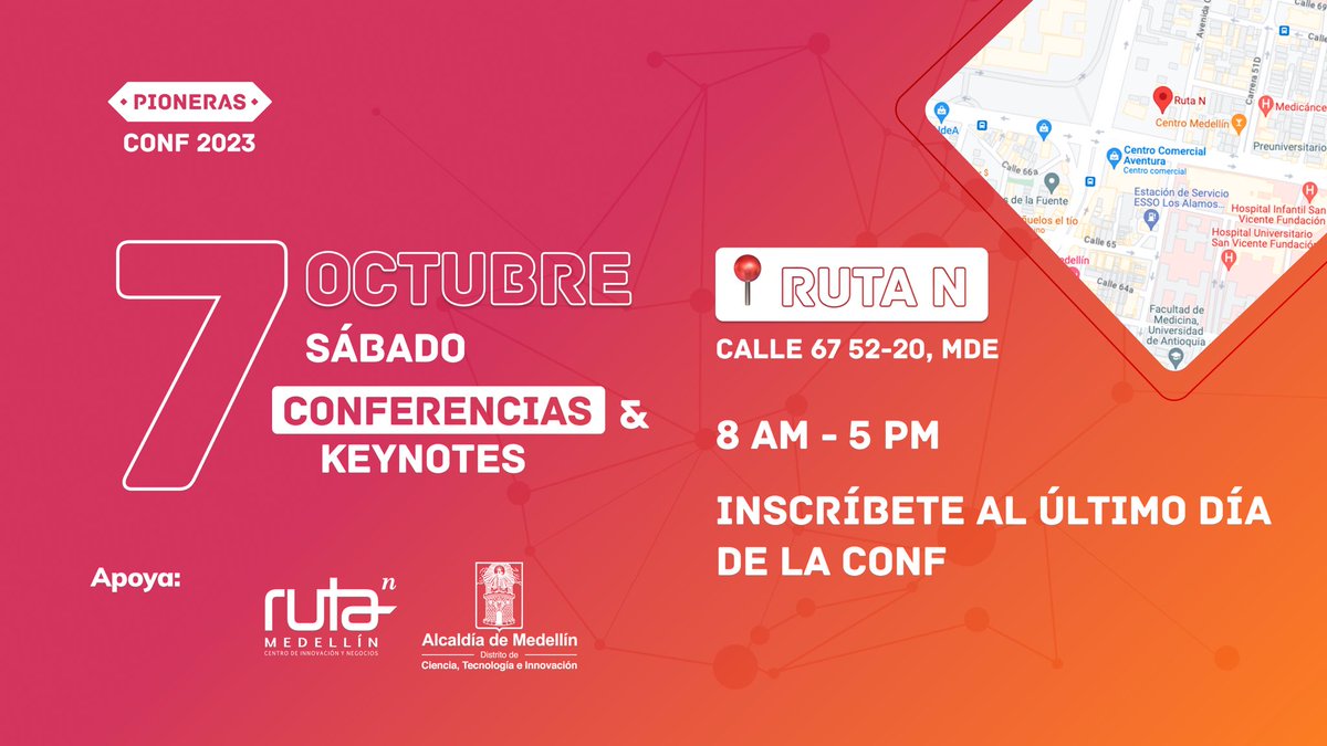 ¿Listos para vivir la #PionerasConf2023? 🚀 

Este 7 de octubre nos vemos en Ruta N, con charlas sobre tecnología, productividad, soft skills, QA, Data Science, UX y muchísimo más. 

¡Aparta la fecha y prepárate para un día lleno de actividades, regalos y sorpresas geniales! 🎉