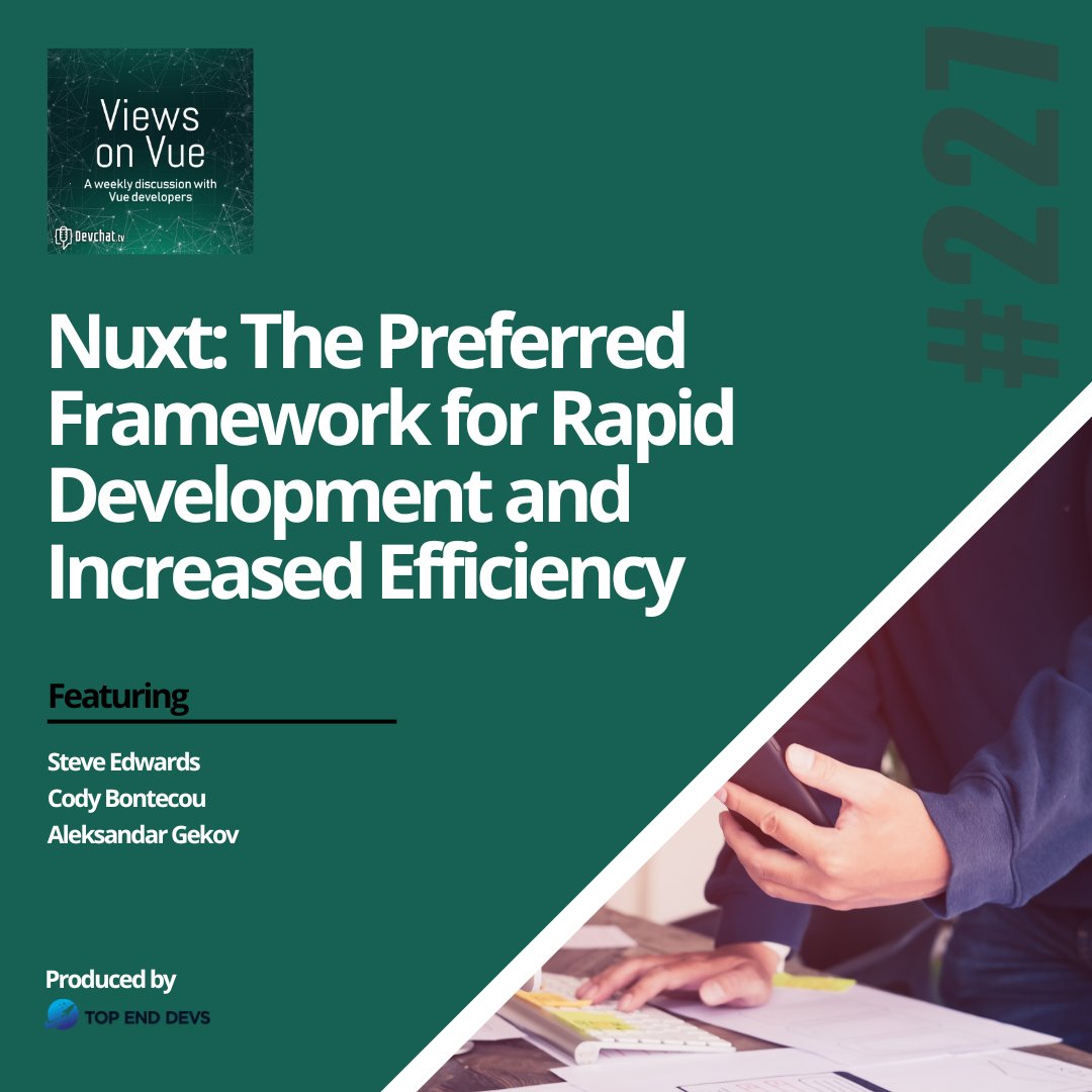 viewsonvue's tweet image. Check out this week's episode of #ViewsonVue with Aleksandar Gekov
#Vue: Nuxt: The Preferred Framework for Rapid Development and Increased Efficiency
rfr.bz/t6q2p27