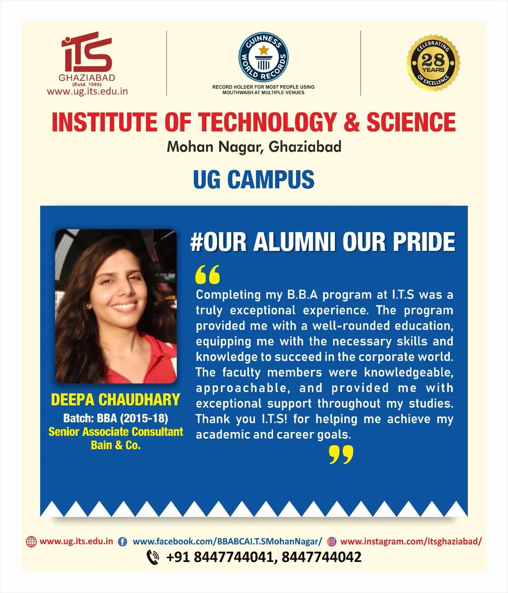 #ouralumniourpride
Deepa Chaudhary, Alumni of BBA Batch 2015-2018 shared her experience about I.T.S Mohan Nagar Ghaziabad UG campus.