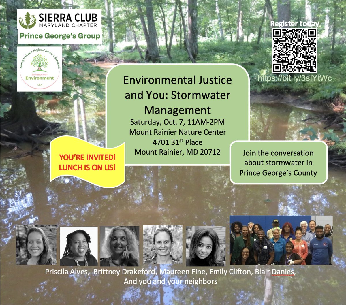 We invite you to a forum “EJ and You: Stormwater Management” on 10/7, 11AM-2PM, at the Mt Rainier Nature Center. 

We will hear from a keynote from <a href="/PriscilaBRAlves/">Dr. Priscila Alves</a> about environmental justice, stormwater, and community resilience.  

Register at: bit.ly/3sIYtWc