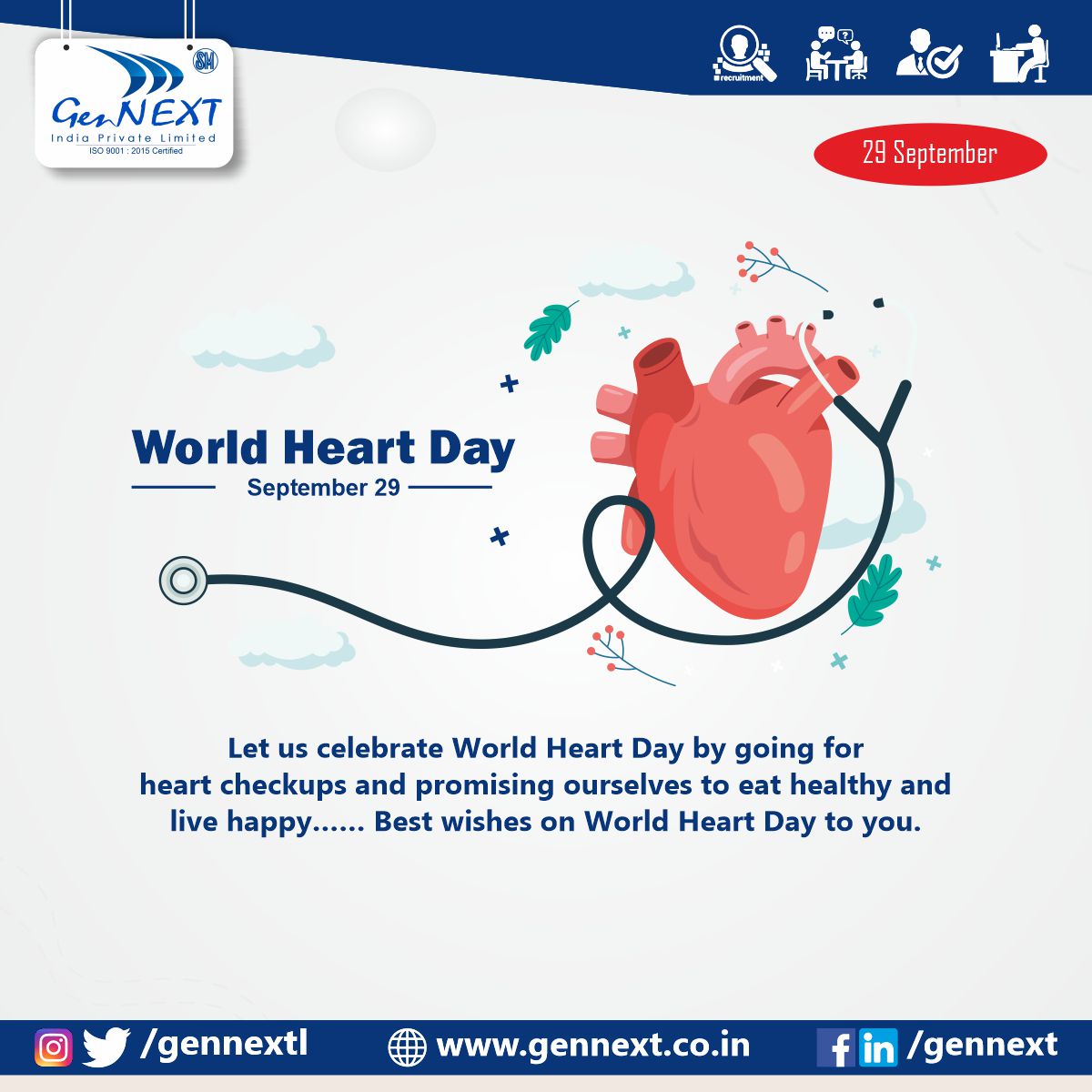 WORLD HEART DAY

World Heart Day is observed annually on 29 September. This day informs people about heart disease and stroke which is the world's leading cause of death.

#worldheartday #stroke #care #heart #gennext #gennextjob #gennextindia