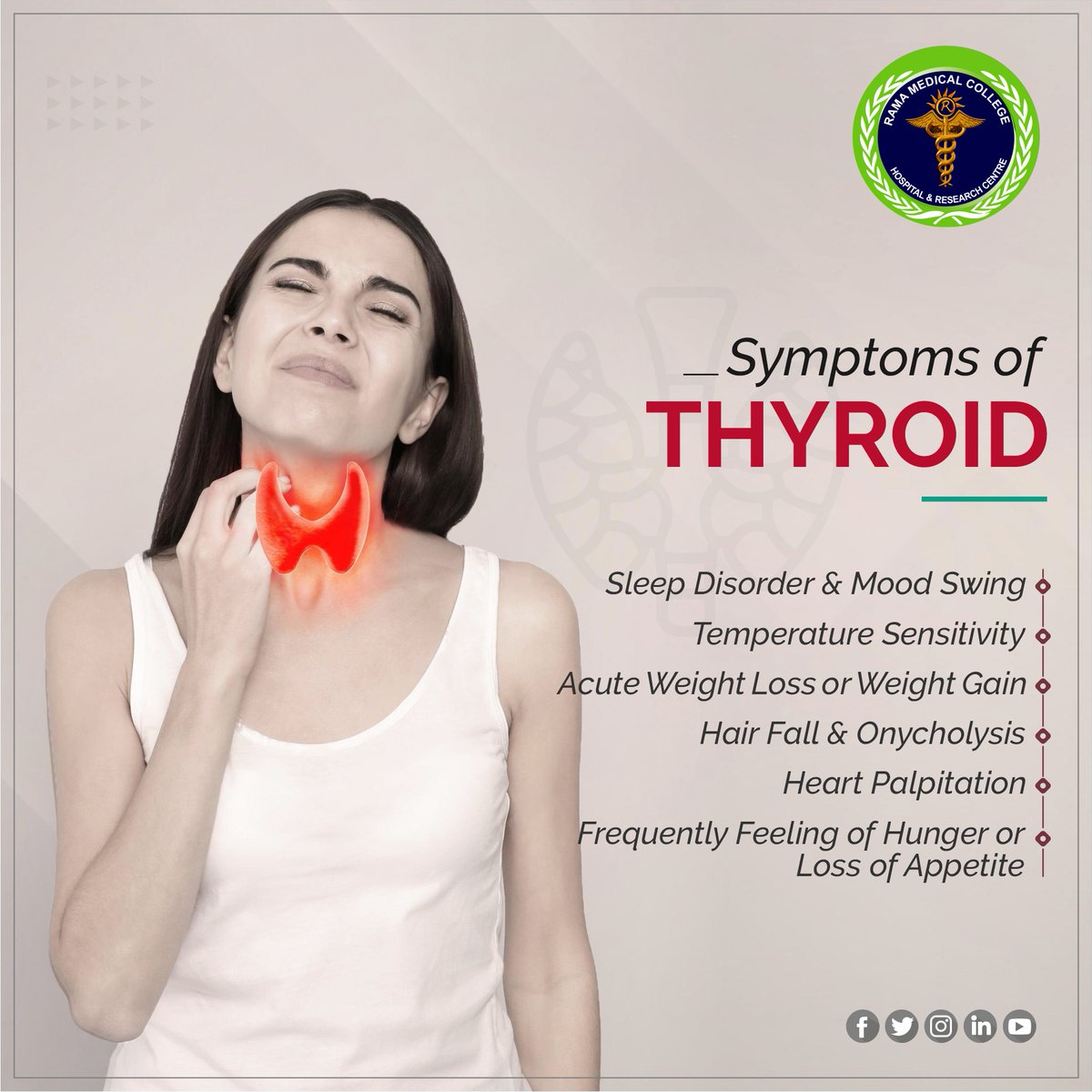 🦋 Unmasking the Thyroid Mystery! Did you know millions suffer from undiagnosed Thyroid Conditions? 😱

🚩 Symptoms:
1️⃣ Fatigue
2️⃣ Weight changes
3️⃣ Hair loss
4️⃣ Mood swings
5️⃣ Sleep issues

Early detection is key! 🩺

#ThyroidAwareness #HealthTips #RamaUniversity #RamaHospital