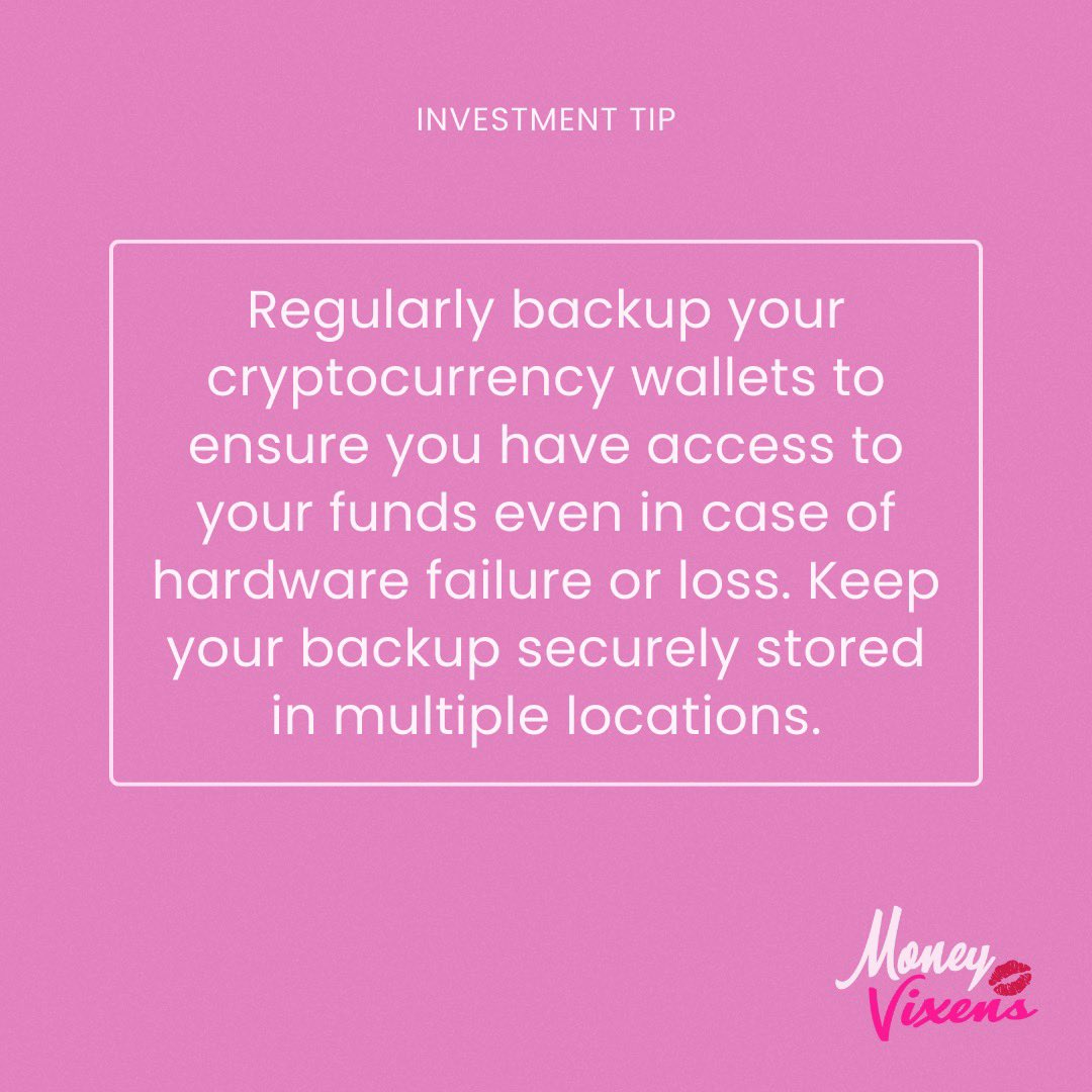 moneyvixens's tweet image. Tip: Regularly backup your cryptocurrency wallets to ensure you have access to your funds even in case of hardware failure or loss. Keep your backup securely stored in multiple locations. #WalletBackup #FundSecurity