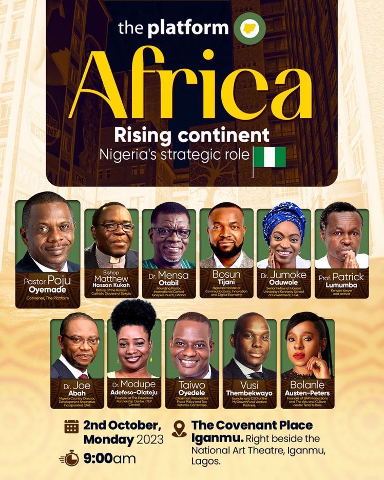 pastorpoju's tweet photo. 2nd of October #ThisIsThePlatform we’ve all been waiting for. 11 great minds will be sharing the stage to discuss Nigeria’s role in building Africa. Join @bolanleap @@taiwoyedele @MensaOtabil @bosuntijani @VusiThembekwayo @pastorpoju and other brilliant minds https://t.co/ZK5oPbpuOR