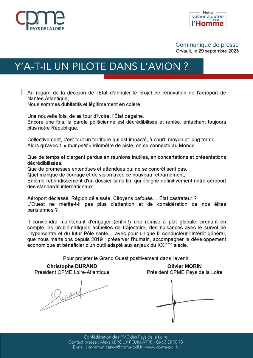 CPMEPDL's tweet photo. 🔴 Communiqué | Annulation du projet de rénovation de l'#aéroport de #Nantes Atlantique : 
Y'A T-IL UN PILOTE DANS L'AVION ?
Lire le communiqué 👉 https://t.co/9DzFyrFlY4 https://t.co/wDRZi7F1SY