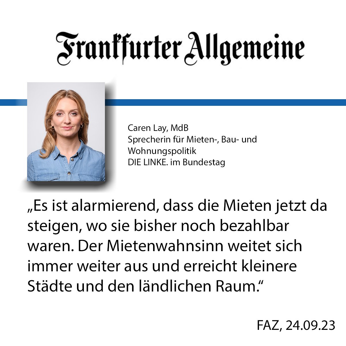 Auf meine Anfrage antwortete das <a href="/BMWSB_Bund/">Bundesbauministerium</a>: Die größten Mietenanstiege gab es im letzten Jahr in #Delmenhorst, #Worms, #Weiden, #Rostock, #Lübeck, #Schweinfurt. Wir brauchen jetzt einen #Mietenstopp und bundesweiten #Mietendeckel! faz.net/aktuell/finanz…