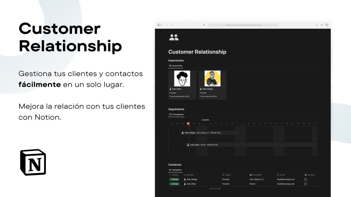 Si eres emprendedor o freelance.

Y ofreces servicios.

He creado Customer Relationship.
Es una plantilla de Notion para la gestión de clientes.

Para obtenerla GRATIS:

- Sígueme (para enviarte el enlace)
- Retweet.
- Responde "❤️"

[debes seguirme]