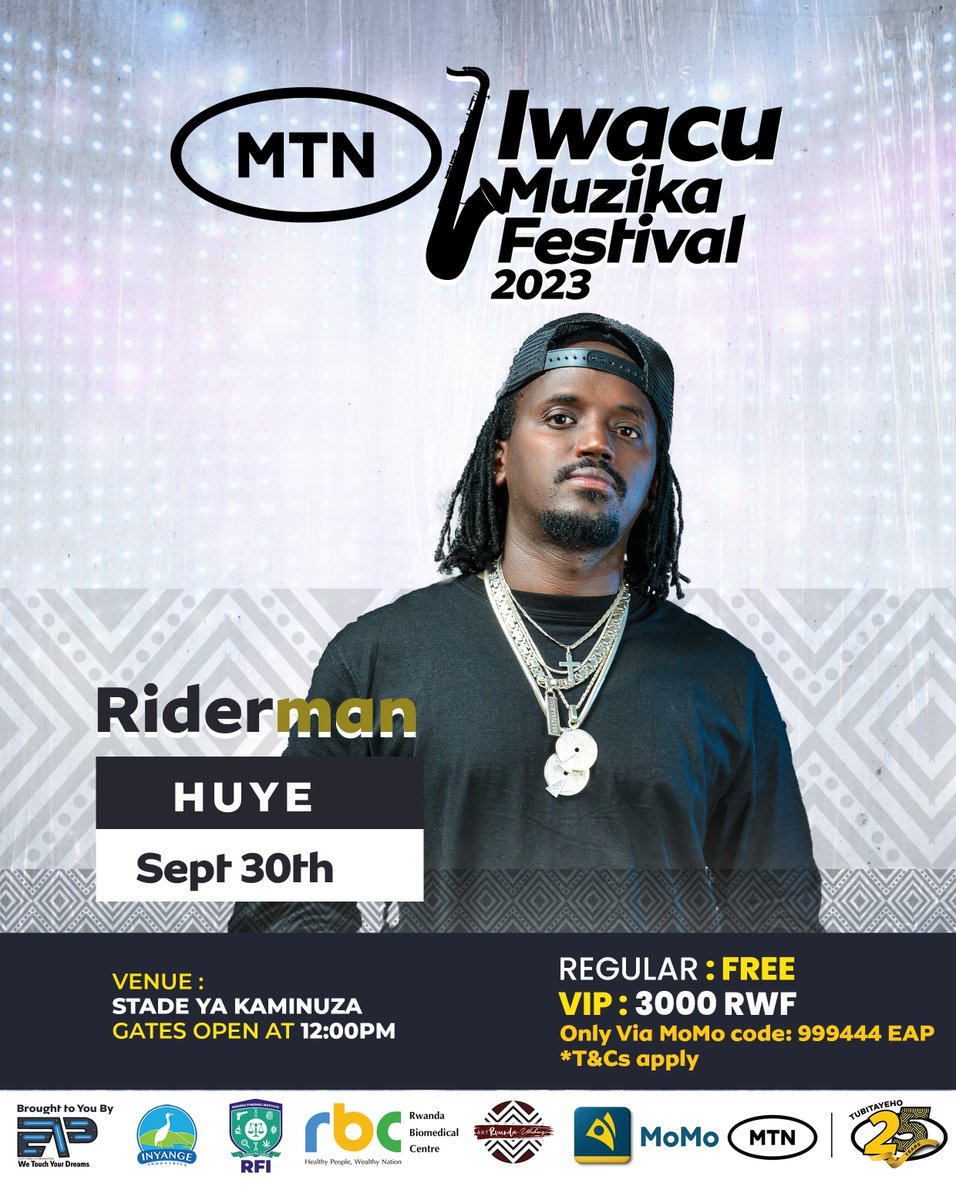 With our top big acts <a href="/BruceMelodie/">Bruce Melodie</a> and <a href="/RidermanRiderzo/">Riderman</a> for the #MTNIwacuMuzika2023 in <a href="/HuyeDistrict/">Huye District</a> you can expect to have a good time. The vibe will be vibing, sibyo?

Don't miss out! 
#Tubitayeho #MTNAt25 🎊