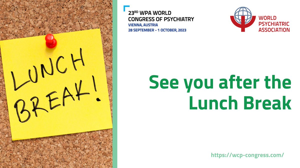 It's time for a lunch break! 🍽️
We'll be back after lunch with the thought-provoking Presidential Symposium 02 on 'Climate Change.' 
➡️ Join us in Hall E at 1:30 PM for discussions on the climate crisis and its impact on mental health!

🌿 #WCP23 #ClimateChangeAction