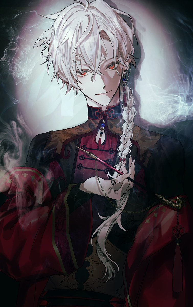 1boy male focus solo jewelry red eyes braid white hair  illustration images