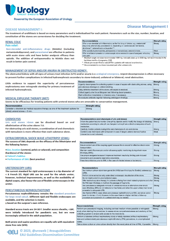 Urolithiasis treatment is based on many parameters and is individualised for each patient, whether it is renal colic or an obstruction. Review the disease management #EAUGuidelines in the newest  #EAUUrologyCheatSheets on #Urolithiasis: uroweb.org/guidelines/uro…