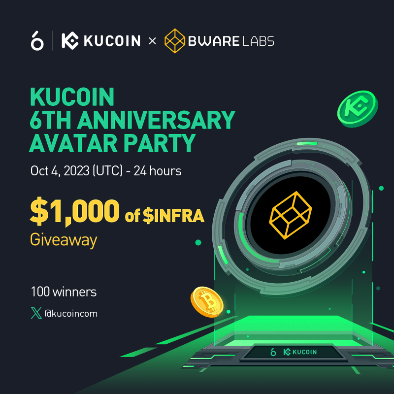 kucoincom's tweet photo. Day 3's Avatar Party rewards are all about $INFRA! Dive in &amp; celebrate with #KuCoin on X.

🎁 $1000 INFRA (100 winners)
⏰ 24H

1️⃣ Follow @kucoincom &amp; @BwareLabs
2️⃣ RT, ❤️, tag 2 friends + #KuCoinTurns6
3️⃣ Wear our Anniversary avatar
4️⃣ Fill up form⬇️

🔜More rewards up ahead!