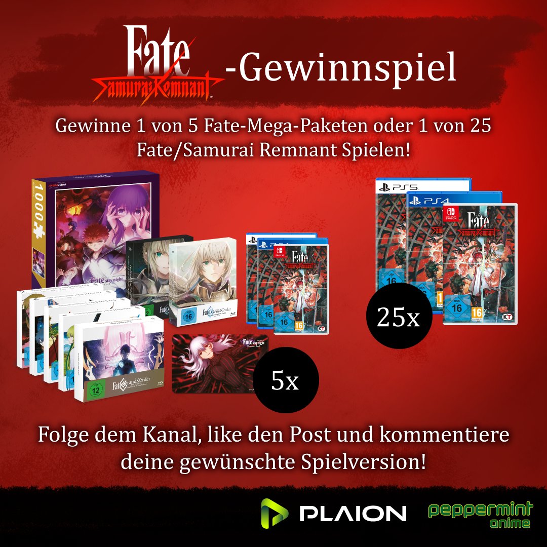 Zur Feier des Releases von #FateSR
Verlosen wir gemeinsam mit <a href="/PepperAnime/">peppermint anime</a>  5 Fate-Mega-Pakete mit Spiel und 25 weitere Spiele!
Endet am 05.10. um 12 Uhr.
Für extra Chancen schaut mal bei Peppermint Anime vorbei!
* Versand nur innerhalb der DACH-Region