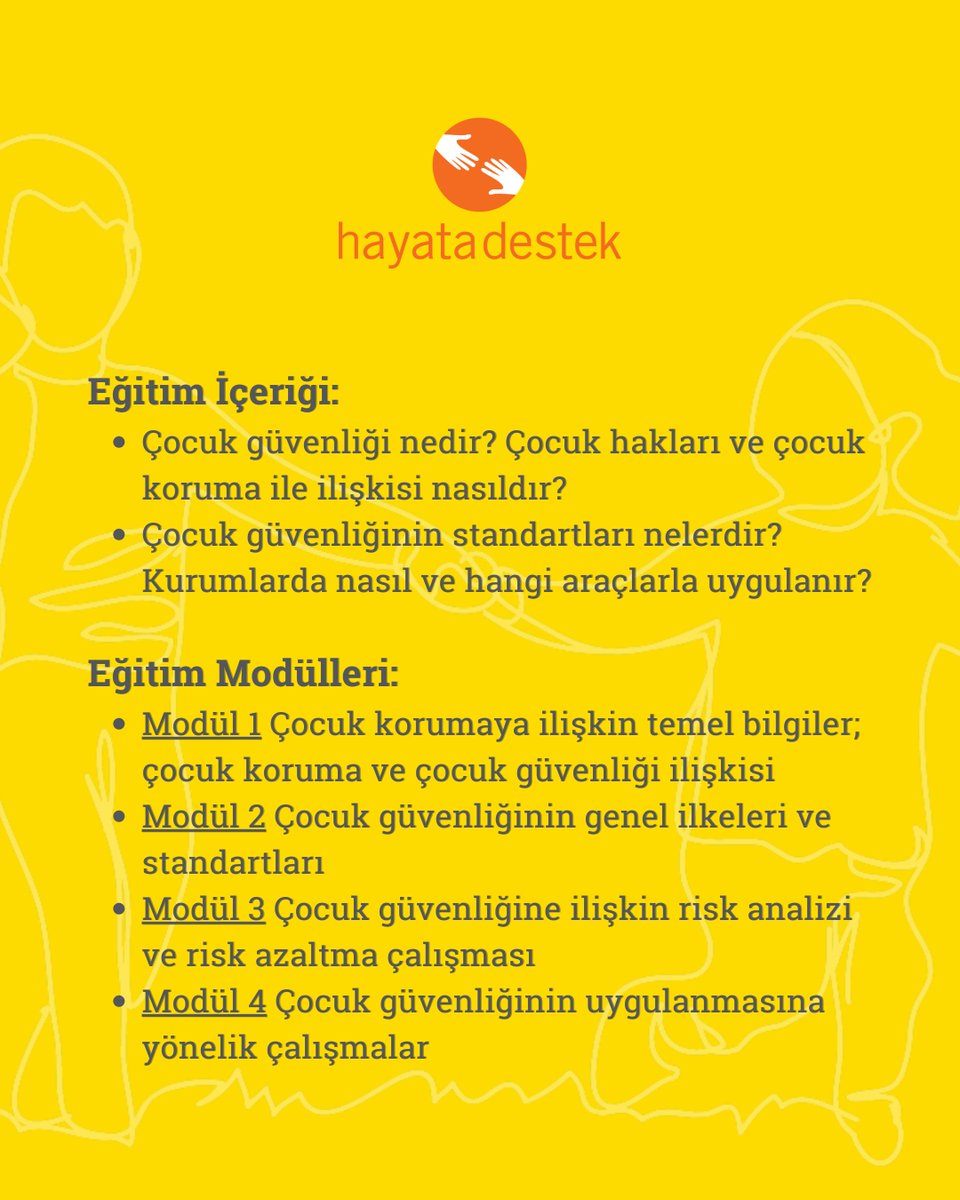 Çocuklarla faaliyet yürüten sivil toplum kuruluşları ve kamu kurumlarına yönelik eğitimlerimiz devam ediyor. Bu alanda kapasitenizi güçlendirmek istiyorsanız sizi #ÇocukGüvenliği Farkındalık Eğitimlerimize bekliyoruz.
Ayrıntılar için : hayatadestek.org/duyurular/cocu…