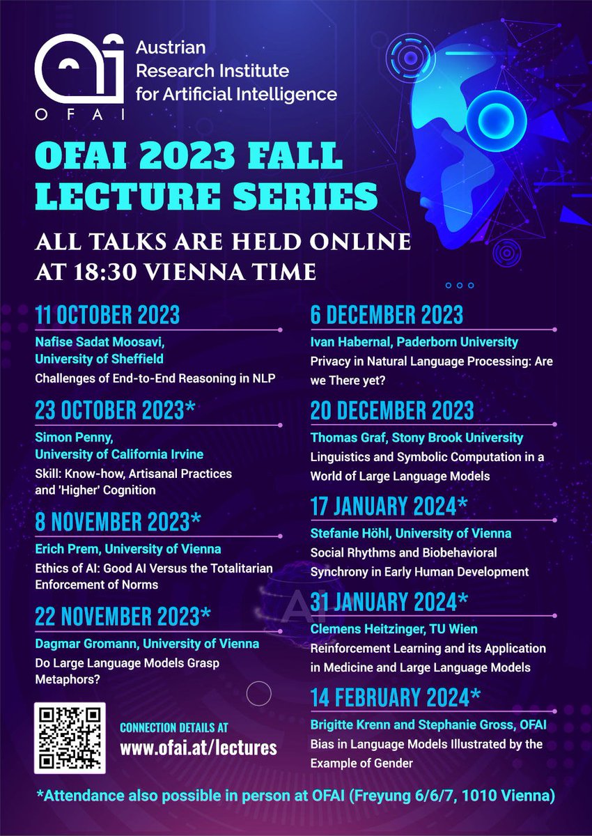 OFAI is delighted to announce its 2023 Fall Lecture Series! Join us online or in Vienna for nine edifying talks on #ArtificialIntelligence, #NLProc, #LLMs, and more: ofai.at/events/lecture…