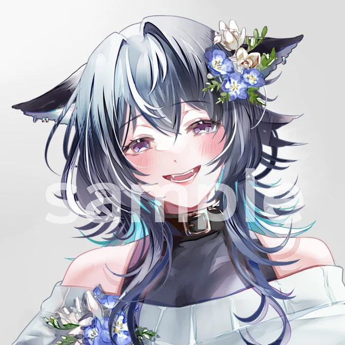 【お仕事のご報告】  ご依頼主様のオリジナルキャラクターでアイコンを作成させていただきました!    ネモフィラと白のフリージアをあしらわせていただきました ご依頼ありがとうございました!