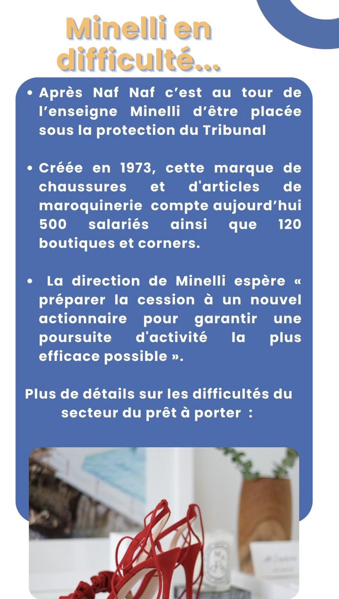 #BreakingNews MAQ Pas encore de Paris Fashion Week pour Minelli
⚖ Après NAF NAF c’est au tour de Minelli d’être placée en redressement judiciaire : besoin d’oxygène 🗣 en vue d’une cession👣 Suivez de près avec MAQ° les tendances économiques 🔗lnkd.in/e7pAidVF