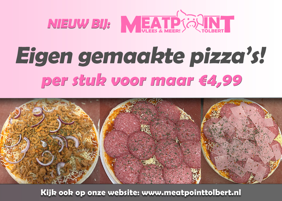 MeatpointNL's tweet image. NIEUW bij Meatpoint Tolbert: Eigen gemaakte pizza's!
Per stuk voor maar €4,99 in diverse soorten!

Kom snel bij ons langs!

Kijk ook op onze website: meatpointtolbert.nl