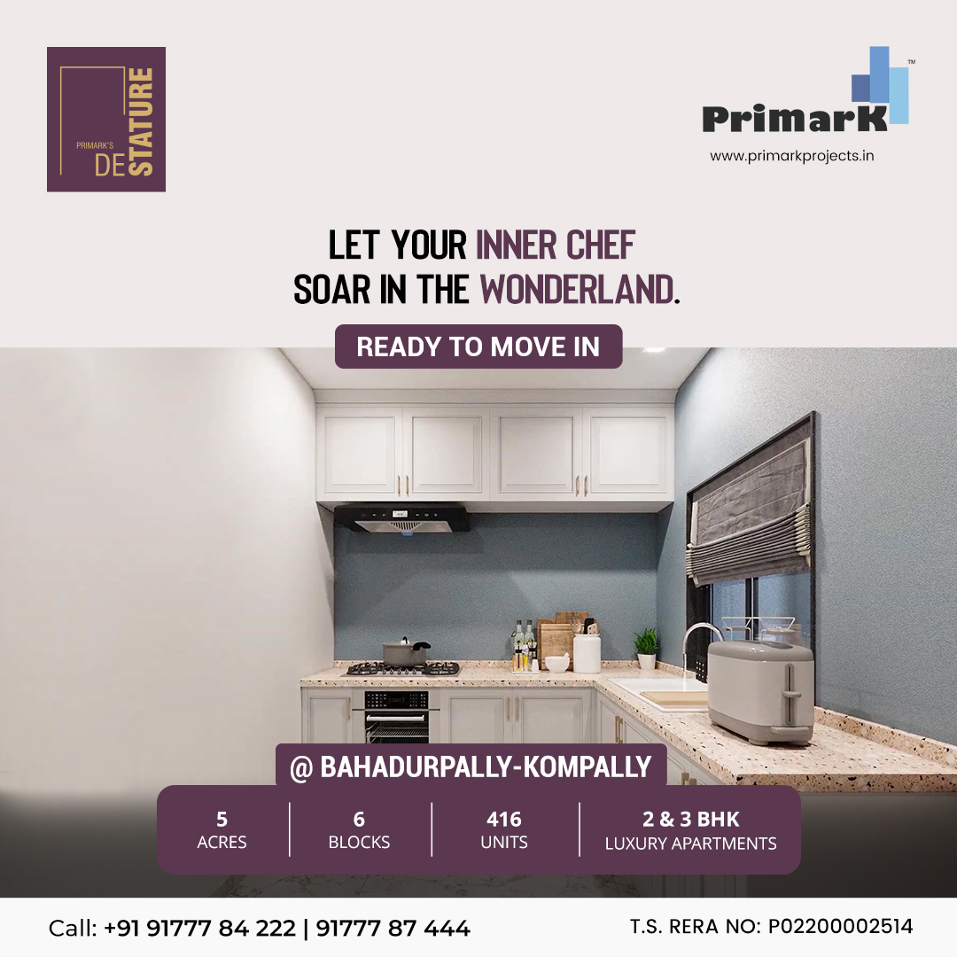 Step into our kitchen wonderland and discover the art of flavors and kitchen adventures

#Primark #PrimarkDeStature #2BHK #3BHK #luxury #PrimarkProjects #Destature #Bachupally #PragathiNagar #Flatsforsale #Apartments #Hyderabad #Hitechcity #Jntu #Flatsinhyderabad #Apartments