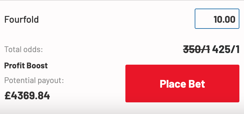 🚨 HUGE VALUE 4-FOLD!!!! 🚨

📉 THIS IS THE BIGGEST VALUE WE'VE FOUND SO FAR THIS SEASON 

✅ 425/1 With BetUK (BOOSTED FROM 350/1)
😱 THIS IS AS LOW AT 80/1 ELSEWHERE 

❤️ IF WE HIT ENOUGH LIKES &amp; I'LL DROP IT EARLY