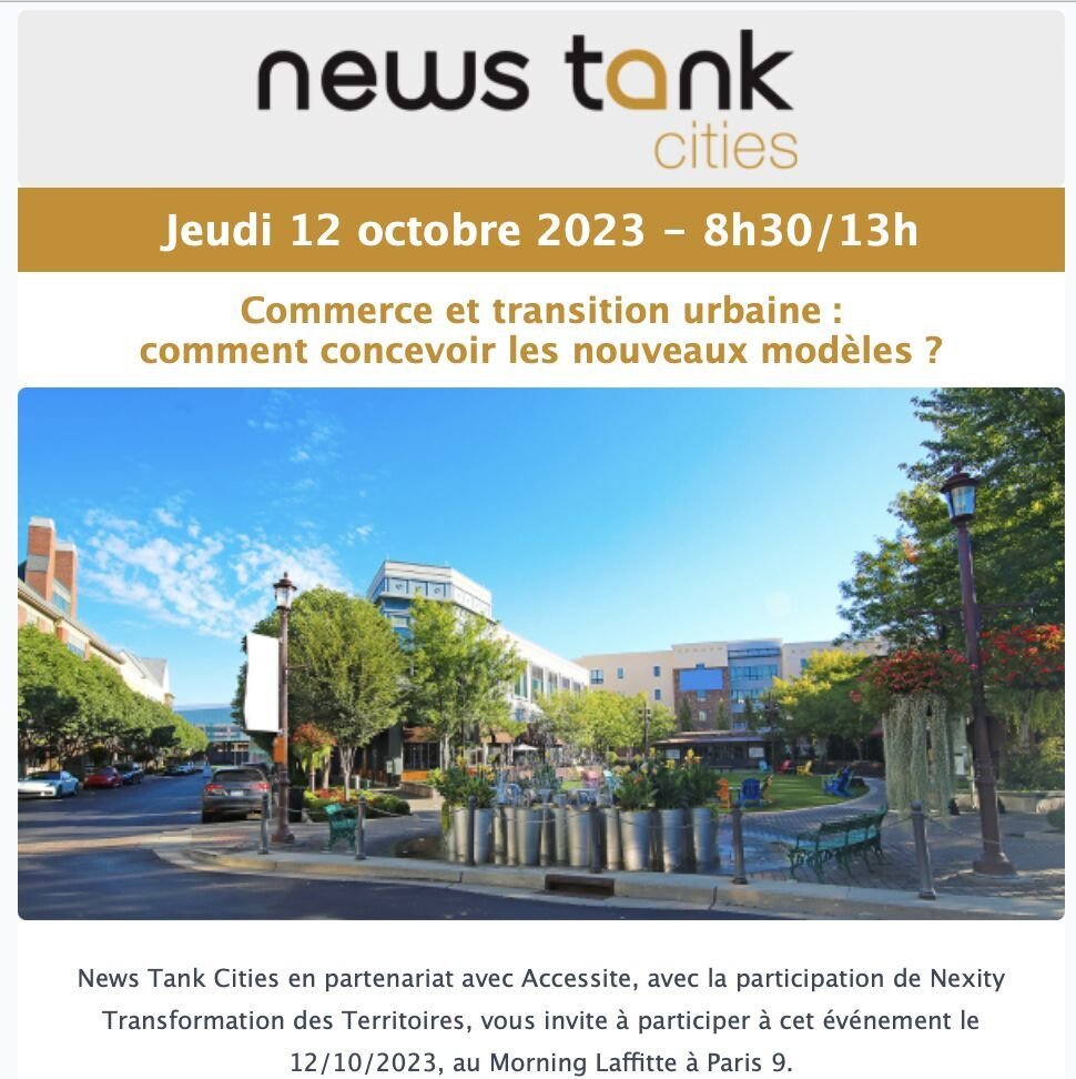 Commerce et transition urbaine : comment concevoir les nouveaux modèles ?

<a href="/NTCities/">News Tank Cities</a> en partenariat avec <a href="/Accessite1/">Accessite</a>, avec la participation de @Nexity Transformation des Territoires, vous invite à participer à cet événement le 12/10/2023, au Morning Laffitte à Paris 9