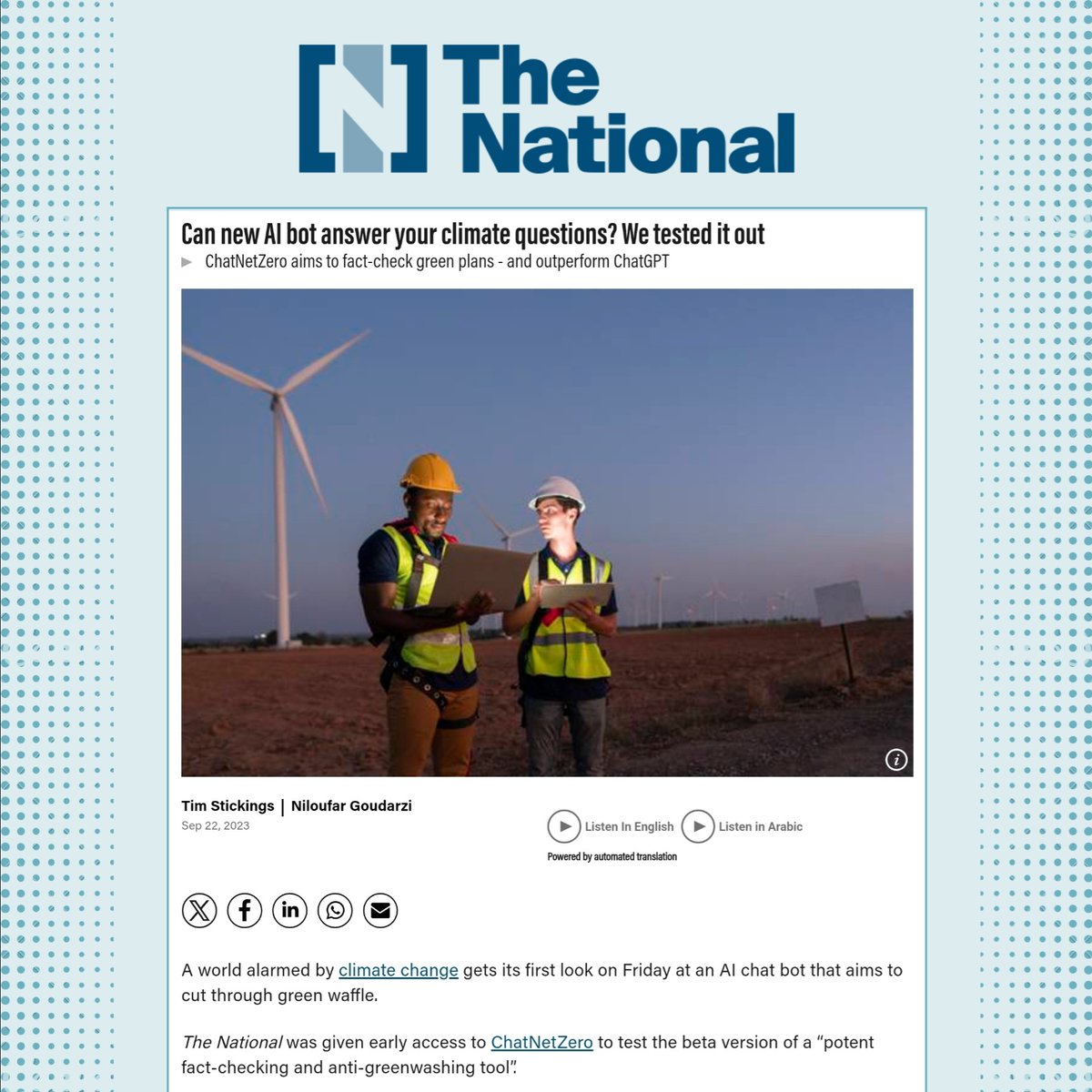 arboretica's tweet photo. Check out some reports on #ChatNetZero👇

📰 The National News: https://t.co/gIRotjaIdN

📰 Business Green: https://t.co/pBfVgr7Bo4

📰 https://t.co/S9YXBdPuS8: https://t.co/ZD7zLsCPXQ 

For additional information, email info@arboretica.com. 

@NetZeroTracker @datadrivenlab 
#LLM https://t.co/hUziHhai9u