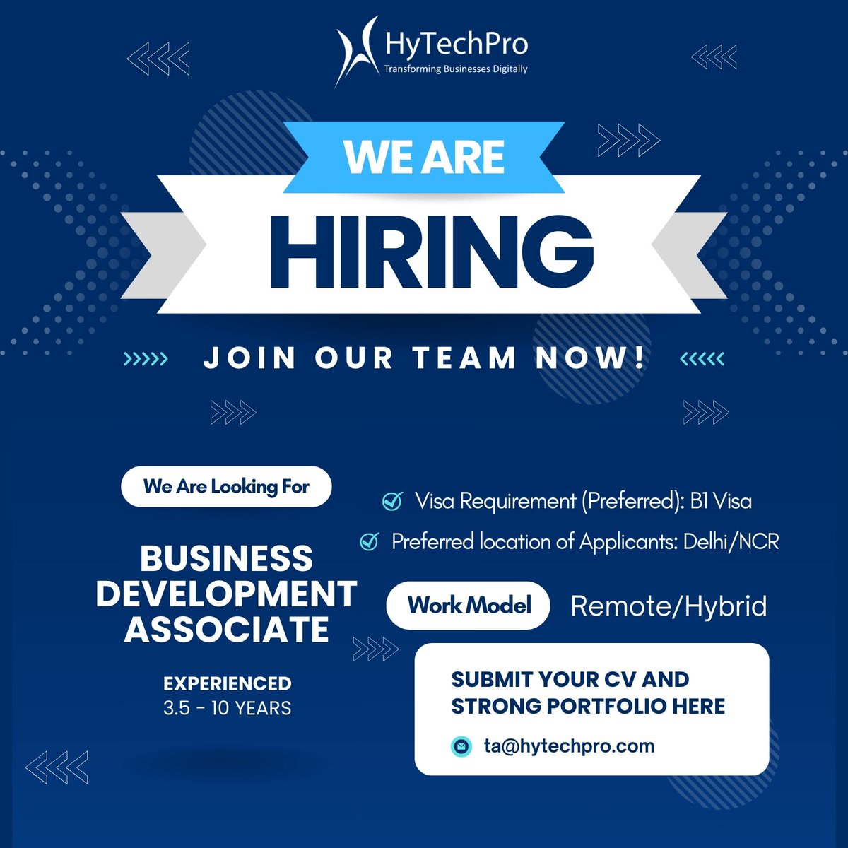 hytechpro's tweet photo. HyTechPro is #hiring for the below-mentioned profile:

Position: Business Development Associate
Experience:  3.5 to 10 years

Apply Now: ta@hytechpro.com

#HyTechPro #CareerOpportunity #HiringAlert #HiringNow #Job #CV #Consulting #HyTechProLife #Interview https://t.co/cwn8nMoFWS
