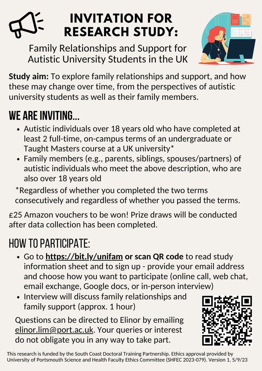 📢Inviting
1) Autistic people who've done ≥ 2 full time on campus terms of undergrad/Taught Masters course @ UK uni
2) Family members of people meeting above description
to participate in a research study. Poster below; sign up bit.ly/unifam
#autism #university #family