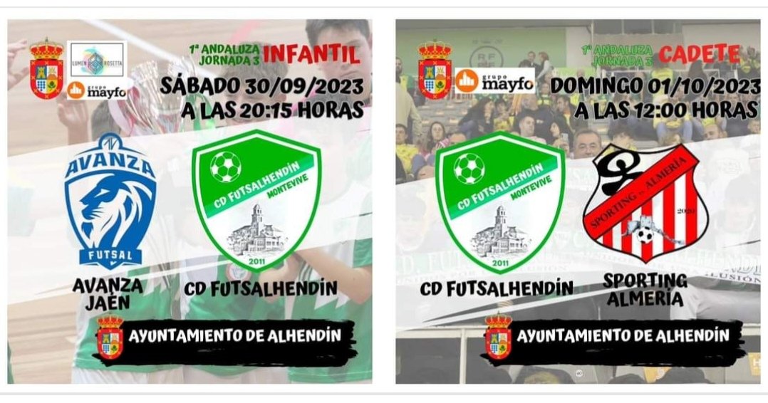 Este fin de semana nuestros Infantiles y Cadetes afrontan la jornada 3 de liga.

El equipo Cadete recibirá este domingo 01/10 en Alhendin a @SportSporting 

Nuestros Infantiles viajan a la capital del Santo Reino (Sábado a las 20:15 h.) Para medirse a @AvanzaFutsal