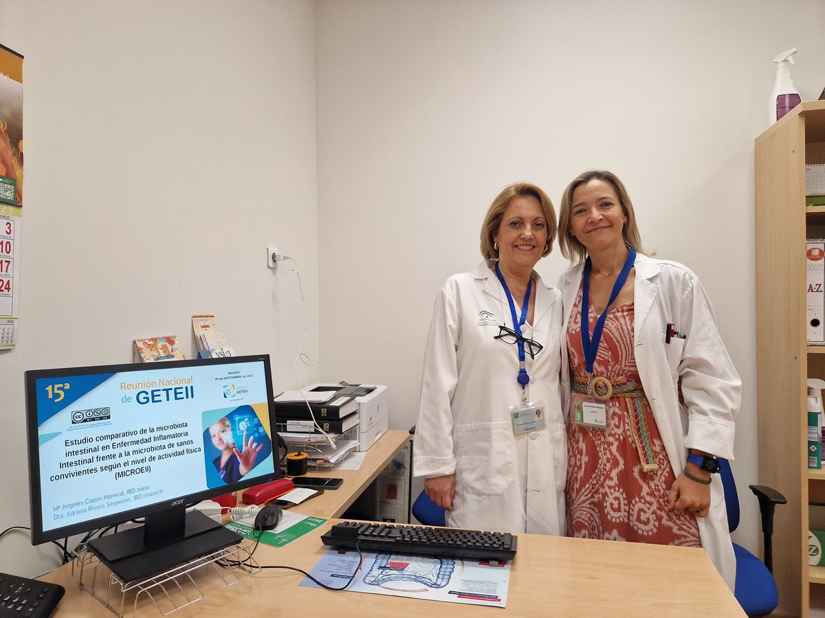 #MaríaÁngelesCastro, Enfermera de la Unidad de Enfermedad Inflamatoria Intestinal y #AdrianaRivera, Referente de Investigación del #huvm presentan hoy en #geteii2023 el proyecto financiado en convocatoria precompetita de la <a href="/FundacionCEU/">CEU</a> y titulado.