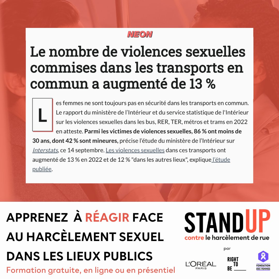 📣 Le harcèlement sexuel est l’une des violences faites aux femmes les plus communes dans l’espace public. Participez à la lutte contre les violences en apprenant à réagir face au harcèlement sexuel dans les lieux publics avec la formation Stand Up 👇 fondationdesfemmes.org/sengager/se-fo…