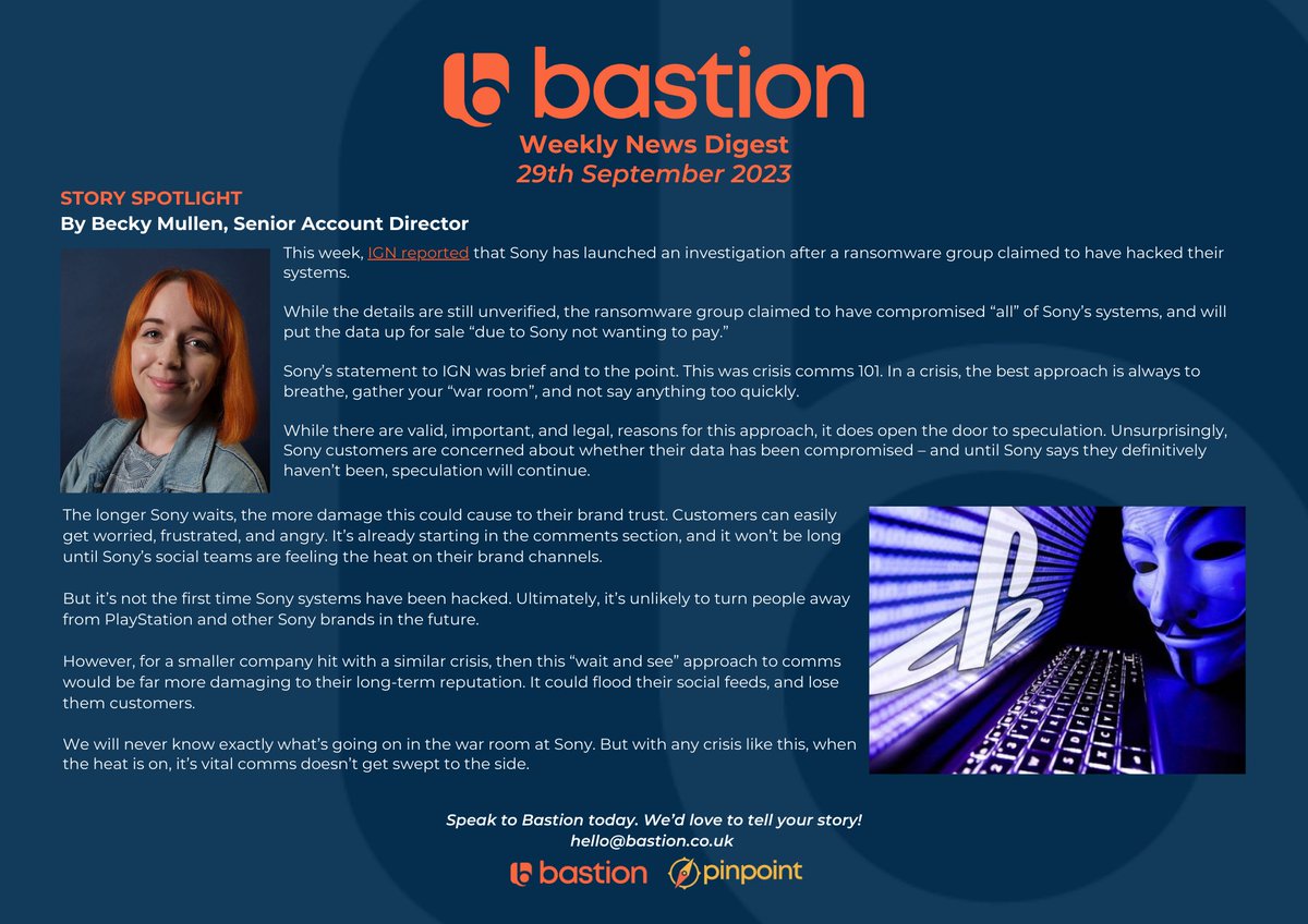 ThisIsBastion's tweet photo. Need a catch-up on the most recent industry news?
Bastion’s weekly news digest has just landed with a round-up of the biggest stories from the video games industry this week. 🎮
Read more👇
#VideoGames #VideoGamesNews #VideoGamesAgency #Comms #PR https://t.co/QLvdHiLgYH