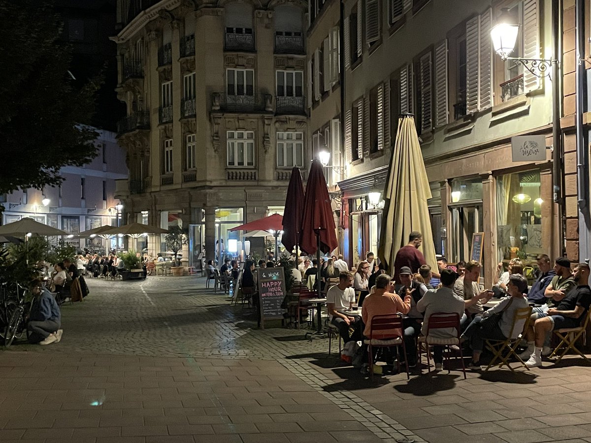Streetlife at night in Strasbourg.