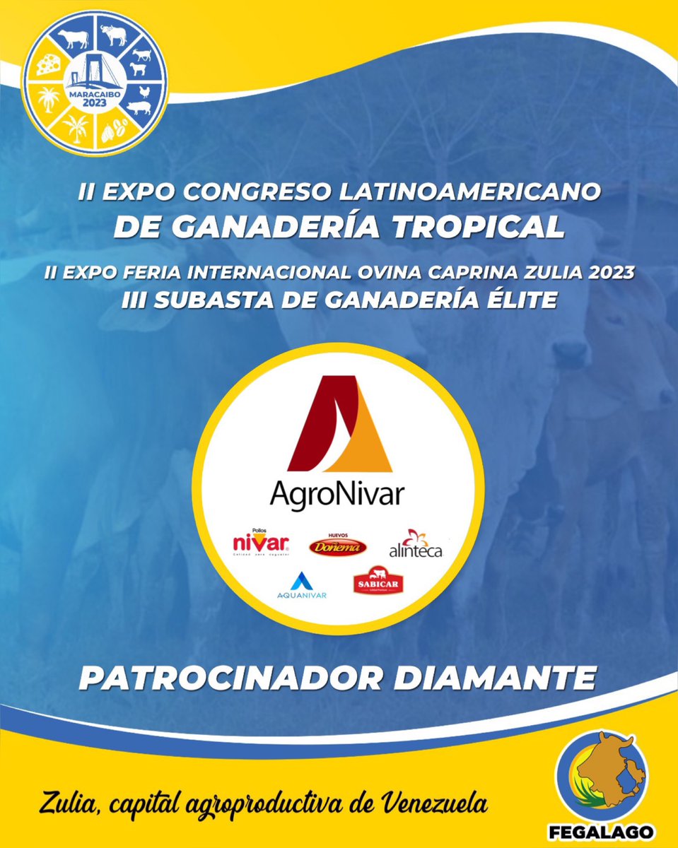 Continúa creciendo el respaldo de las empresas más reconocidas del sector agroalimentario a favor del II Expo Congreso Latinoamericano de Ganadería Tropical.

Damos la bienvenida a AgroNivar como Patrocinador Diamante.

#ExpoCongresoLatinoamericano #GanaderiaTropical