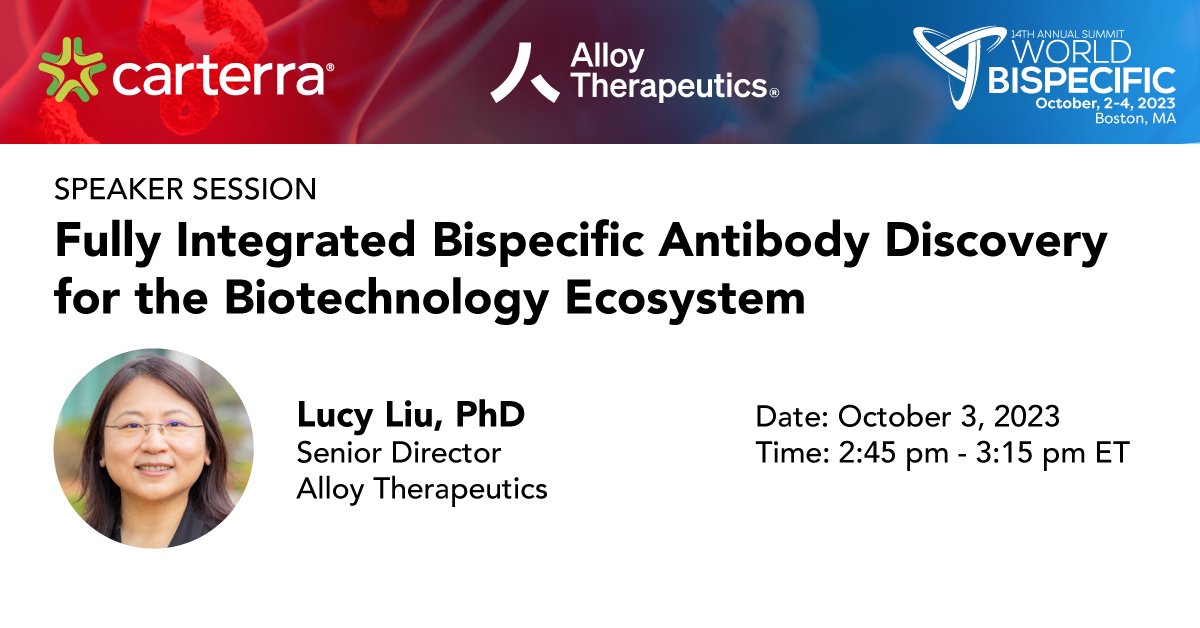 carterra_bio's tweet photo. Looking forward to the #WorldBispecific conference next week!
Dr. Lucy Liu of @AlloyTx will be showcasing workflows and Alloy's #bispecific antibody discovery platform and discussing how the Carterra #LSA powers rapid therapeutic development.
#antibodydiscovery #multispecific https://t.co/XwUSaye9ty