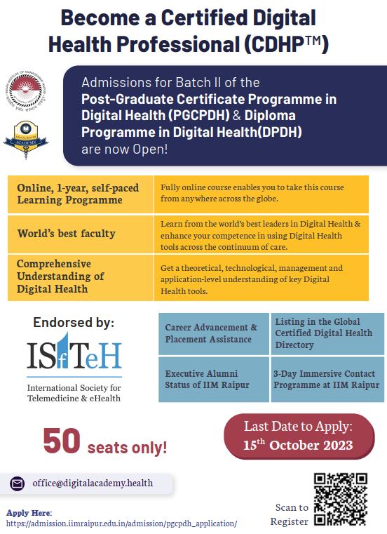 Become a certified #digitalhealth professional (#CDHP). Applications are open for batch II of the PGCPDH &amp; DPDH programs, jointly offered by <a href="/DigitalHLTHEdu/">Academy of Digital Health Sciences</a> and <a href="/iimraipur/">IIM Raipur</a> (and endorsed by <a href="/isfteh/">International Society for Telemedicine & eHealth</a>).
Apply by October 15th at: admission.iimraipur.edu.in/admission/pgcp…