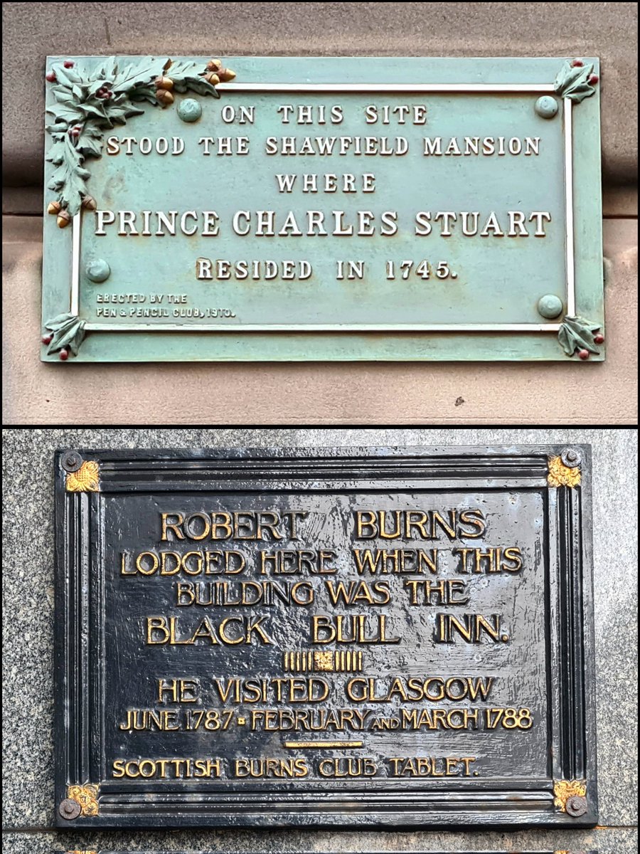 Two neighbouring plaques in the Trongate/Argyle Street area of Glasgow commemorating visits by two of the 18th Century's most famous Scots. 

Cont./
#glasgow #glasgowhistory #bonnieprincecharlie #robertburns #trongate #argylestreet #plaque #scottishhistory #memorial #visitglasgow