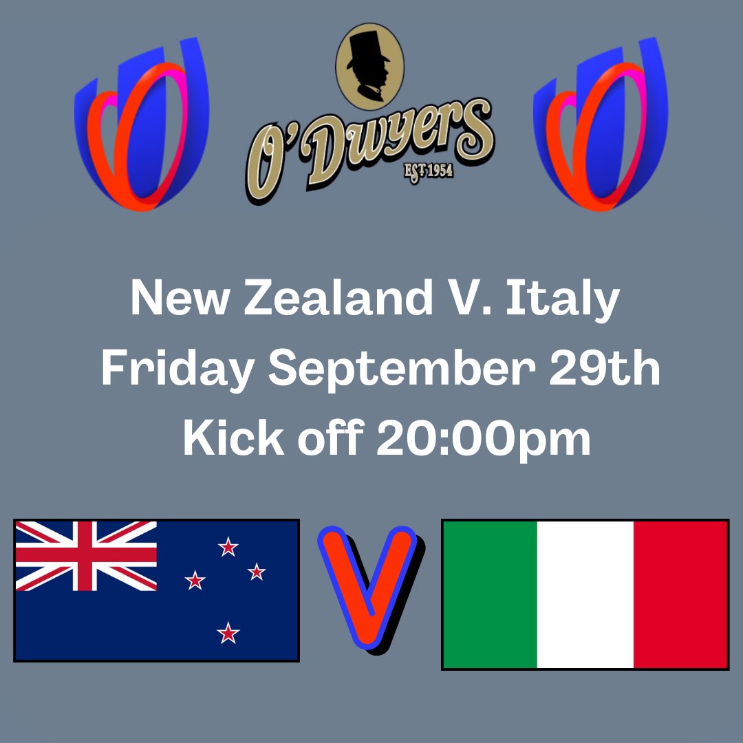 🏉 Rugby World Cup at O’Dwyers! 🏉
Watch the matches live at O’Dwyers!

🏉 New Zealand 🇳🇿 V. Italy 🇮🇹 - 8pm.

Don’t miss the action! 🏉 Catch all Rugby World Cup fixtures live at O’Dwyers Kilmacud! 😃
#rwc #RugbyWorldCup #rugbyworldcup2023 #restaurant #gastropub