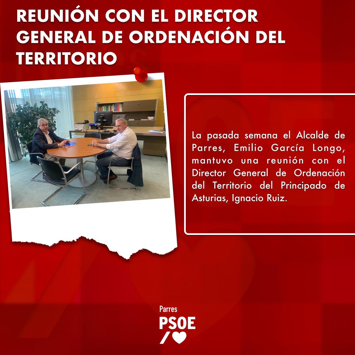 psoeparres's tweet photo. 👍🏻 Nuestro Alcalde, Emilio García Longo, mantuvo la semana pasada una reunión con el Director General de Ordenación del Territorio del Principado de Asturias, para abordar los diferentes problemas del Concejo que afectan a este área.

#ParresEnPositivo https://t.co/7syu3NtJJ7