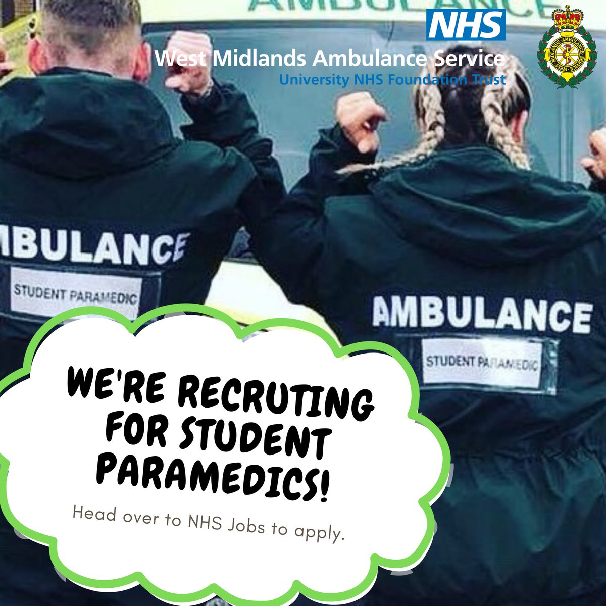 OFFICIALWMAS's tweet photo. 🚨 Student Paramedic applications are open across the entire region!🚨

Have you been waiting for the Student Paramedic role to re-open? Well, it's open and now's your chance to apply! For more information and to apply👇 https://t.co/5sUpEGrtq3 

#teamWMAS https://t.co/JUuZhKLtXP