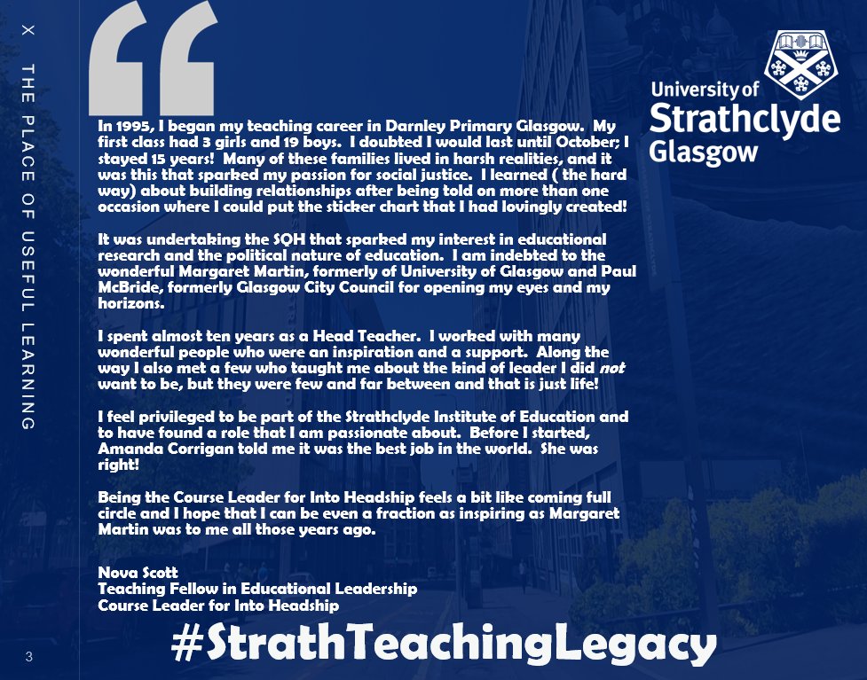 StrathEDU's tweet photo. A wonderful addition to our #StrathTeachingLegacy stories on the lead up to #WorldTeacherDay: Nova Scott @NovaLauderScott. Nova is our Course Leader for Into Headship and her expertise lie in all things Educational Leadership. Read her story here... https://t.co/agzPCt2MBO