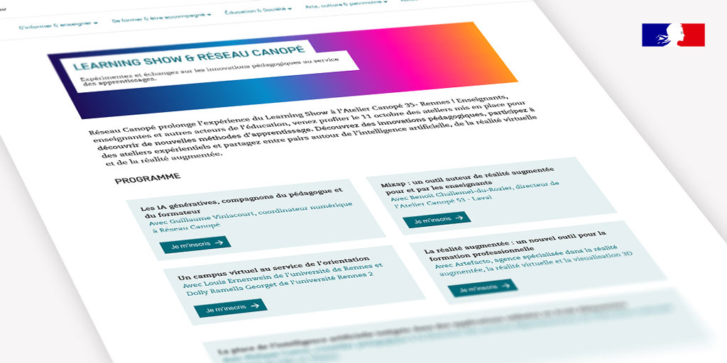 Canope_DTBPL's tweet photo. Canopé prolonge l’expérience du Learning Show à l’Atelier Canopé 35 ! Enseignants, enseignantes et autres acteurs de l'éducation, venez profiter le 11/10 des ateliers mis en place pour découvrir de nouvelles méthodes d’apprentissage. #IA #mixap 

Infos :
👉https://t.co/P9NNbnpOdW https://t.co/RTipwe6gMx