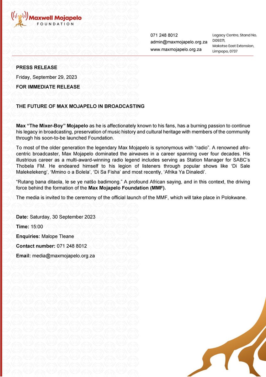 MaxMojapeloFdn's tweet photo. Members of the media are to be part of the launch of the Maxwell Mojapelo Foundation and inaugural public lecture to be delivered by Dr Sello Galane.

Cc @ThobelaFMYaka @Powerfm987 @POWER987News @KayaOnAir @METROFMSA @JacaNews @SABCNews @Newzroom405 @eNCA @EnergyfmSA @IOL https://t.co/HP00eFMesx