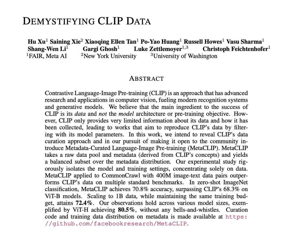 _akhaliq's tweet image. Demystifying CLIP Data

paper page: huggingface.co/papers/2309.16…

Contrastive Language-Image Pre-training (CLIP) is an approach that has advanced research and applications in computer vision, fueling modern recognition systems and generative models. We believe that the main ingredient…