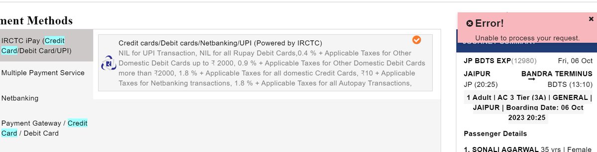 iamnikeshb's tweet photo. @IRCTCofficial I am facing a booking error on my user id. The page is not moving the payment gateway. Already shared the issue with care@irctc, but no resolution has been provided. The issue is my user id as I am able to book with diff. id. https://t.co/H3MId2w9vW